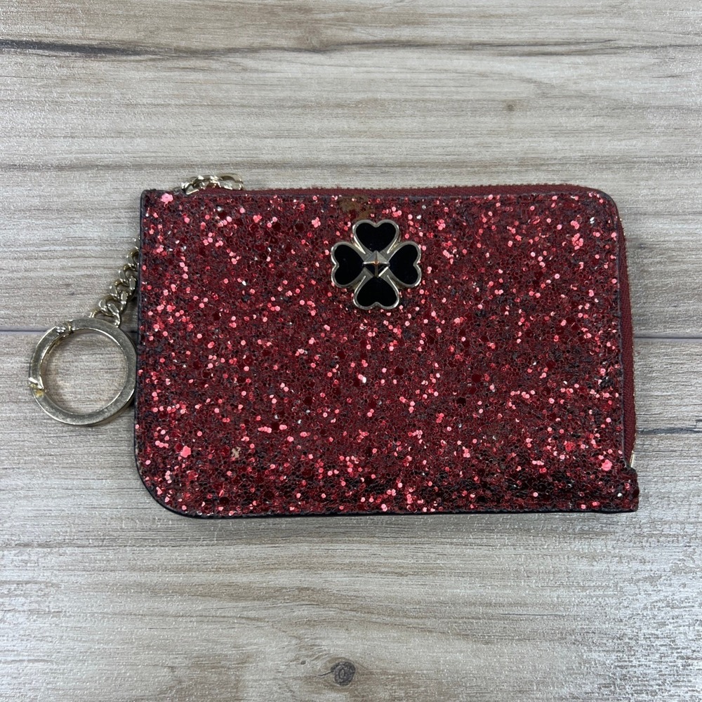 Kate Spade Glitter Card Holder Wallet Keychain Burgundy Red Black Patent Leather